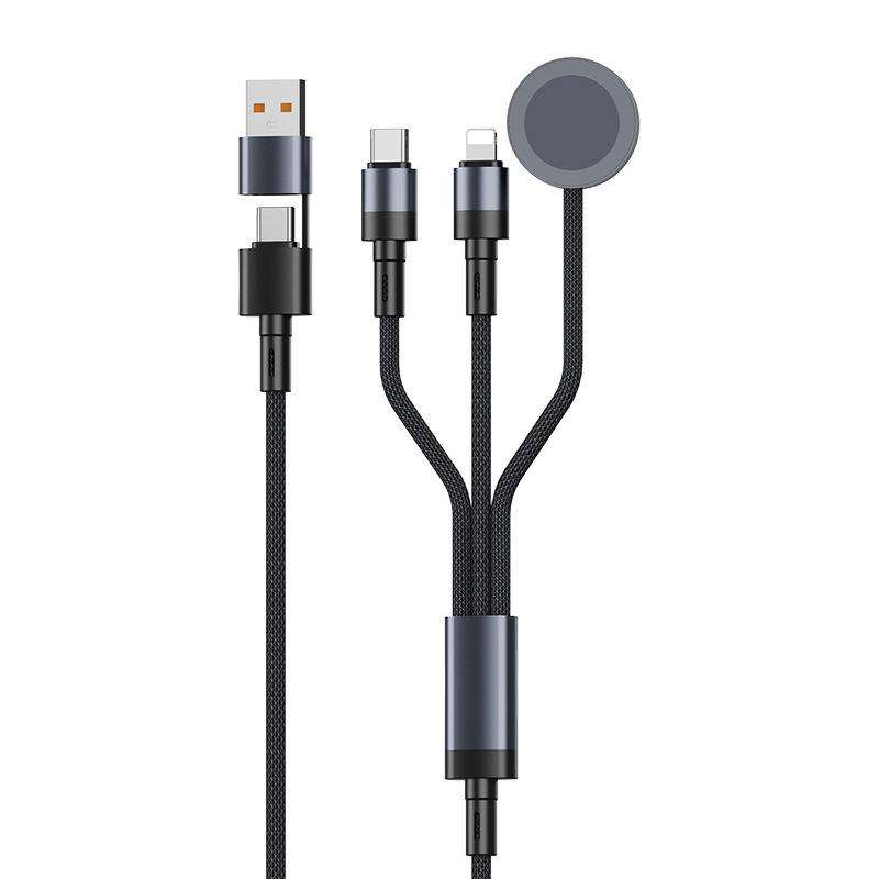 Multi-device charging cable with various connectors on a white background