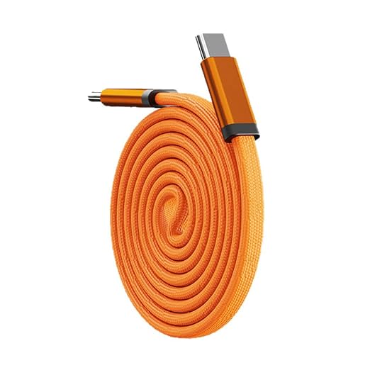 An orange braided USB-C to USB-C charging cable coiled on a white background, featuring metallic orange connector housings and black protective rings.