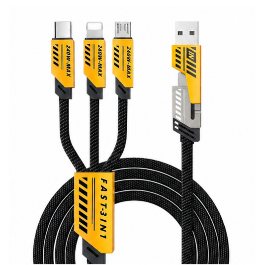 240W fast charging braided cable 3-in-2 with USB-C, Lightning, and Micro USB connectors