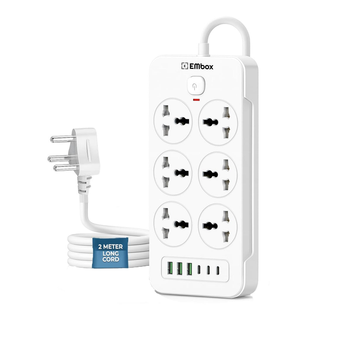 GM ConnectX 2-meter 8-in-1 power strip with 6 universal sockets 4 USB-A 2 Type-C ports white flame-retardant surge protection India - GrunX