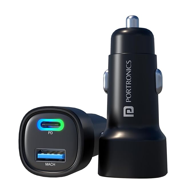 Portronics 80W car charger black dual port design with Type-C PD and USB Mach output shown from front and side angle