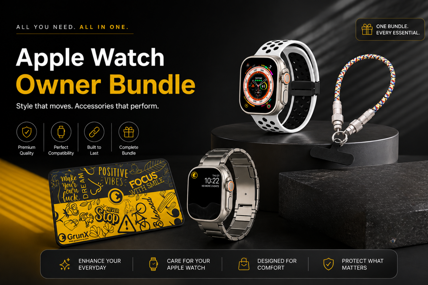 GrunX Apple Watch Owner Bundle with sport band with magnetic buckle apple watch strap, titanium metal strap, gaming mouse pad and Phone Lanyard Charm With 60W Fast Charging Cable