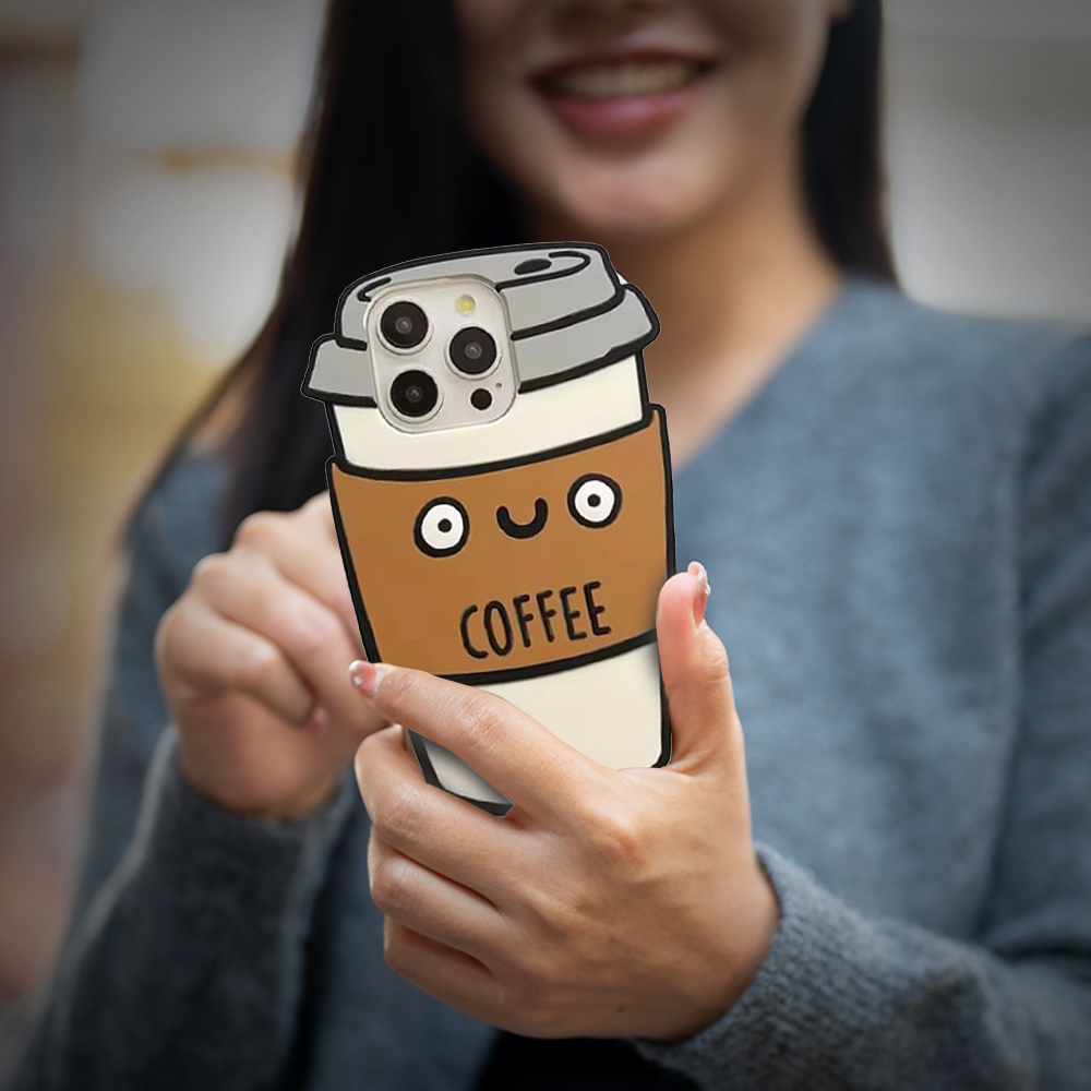 GRUNX Coffee 3D silicone iPhone case brown back view showing coffee cup bottle design iPhone 16 India