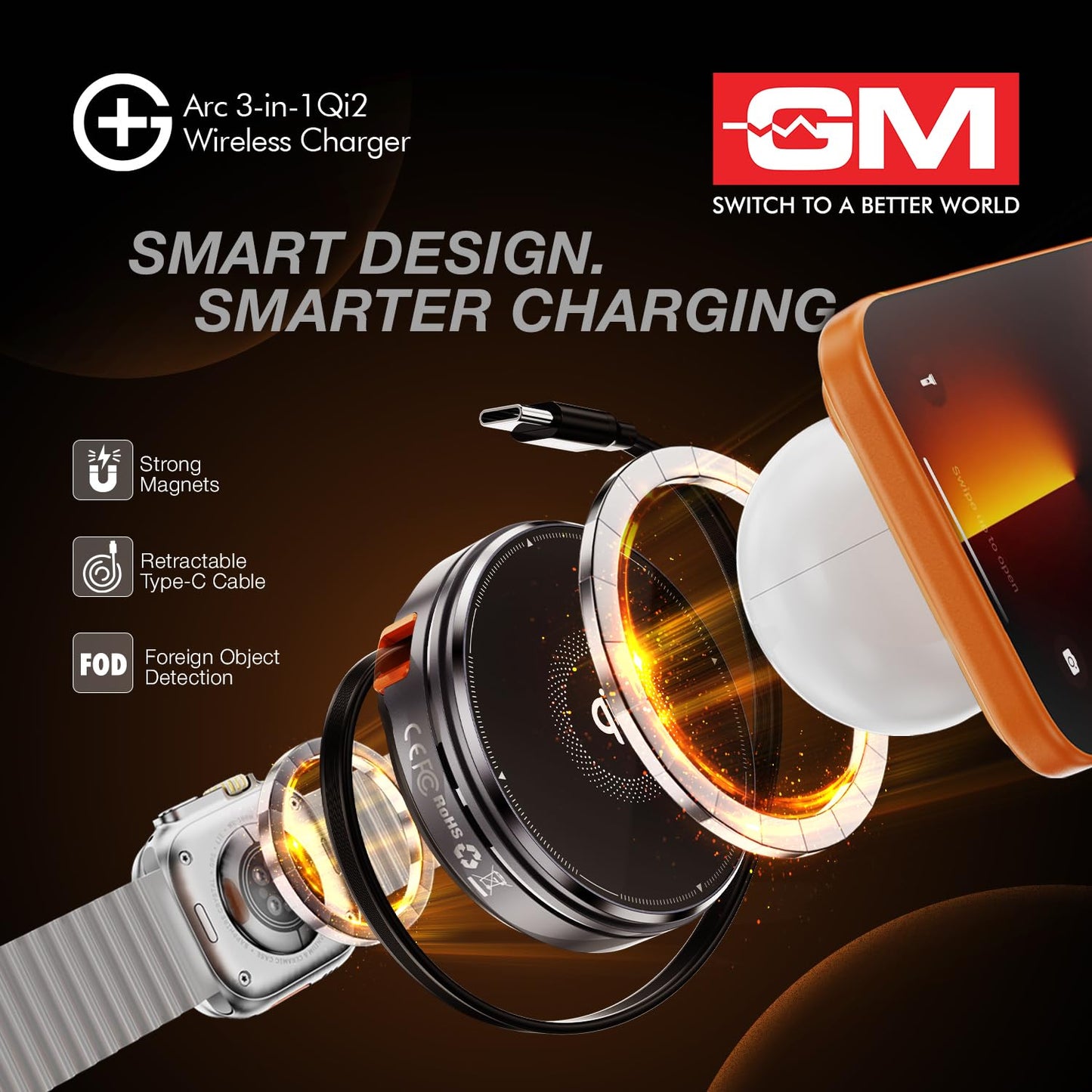GM 3-in-1 Magnetic Qi2 Wireless Charger for iPhone