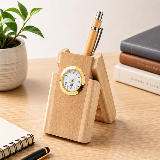 Wooden A-frame pen holder with round gold-rimmed quartz clock, close-up view