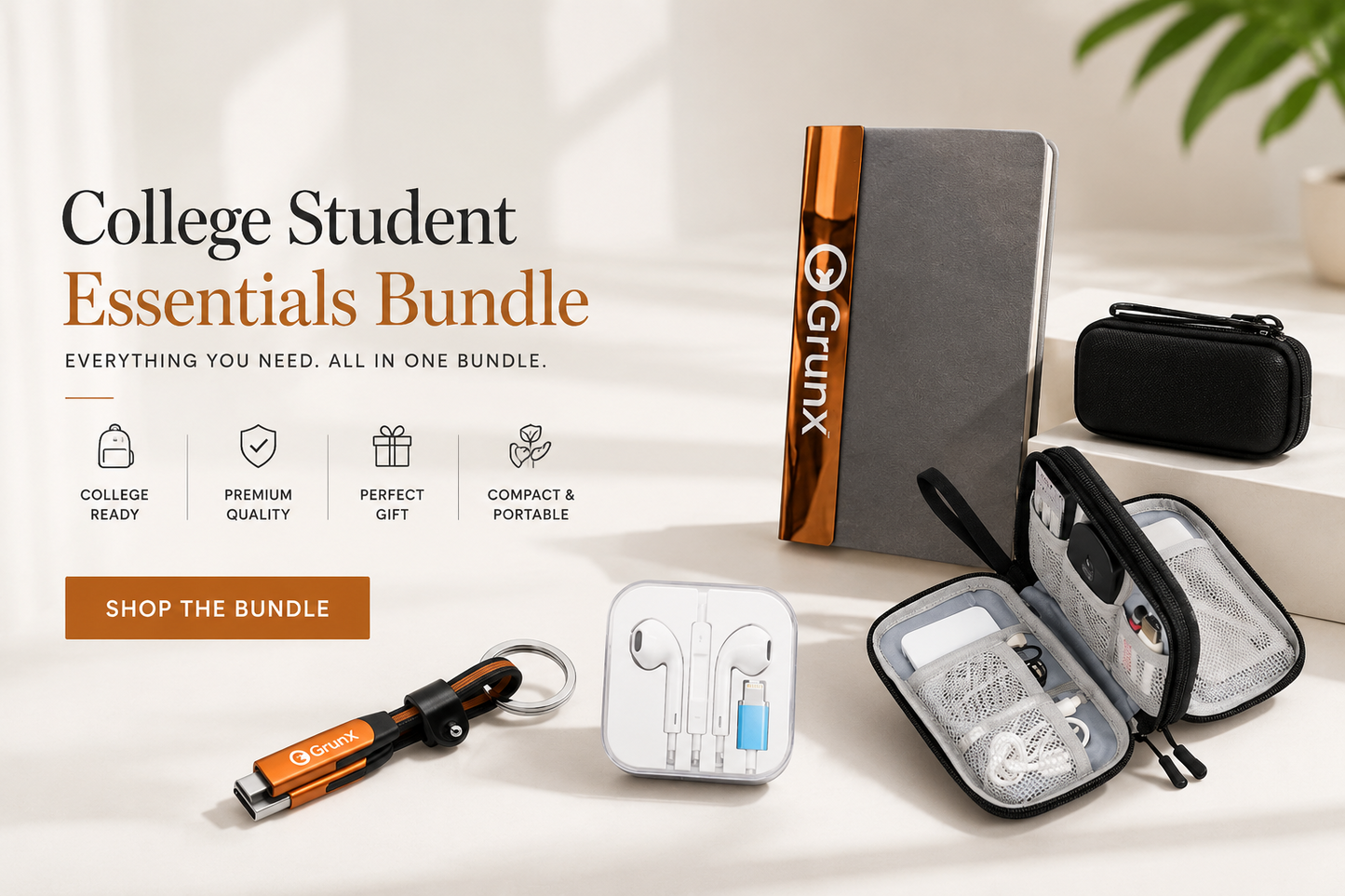 GrunX College Student Essentials Bundle with RFID Protected wallet card holder, 6 in 1 240W cable keychain, earphones and waterproof tavel pouch for cable gearnest