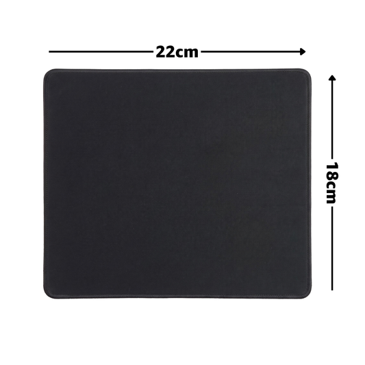 A black rectangular mouse pad or desk mat shown from above on a white background, with dimension arrows and labels indicating 22 cm by 18 cm.