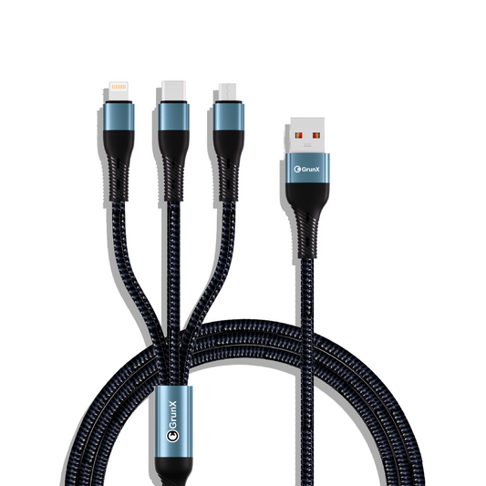 GRUNX Object 3-in-1 66W multi charging cable showing Type-C Lightning and Micro USB connectors on desk India