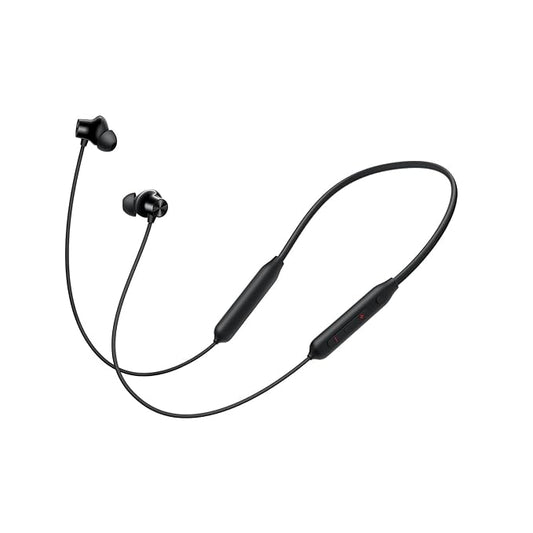 Black wireless earbuds with a charging cable on a white background