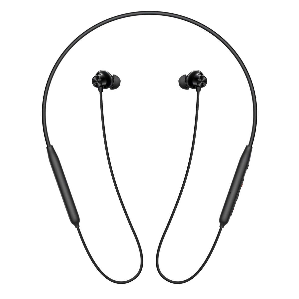 Black wireless earbuds with a cable on a white background