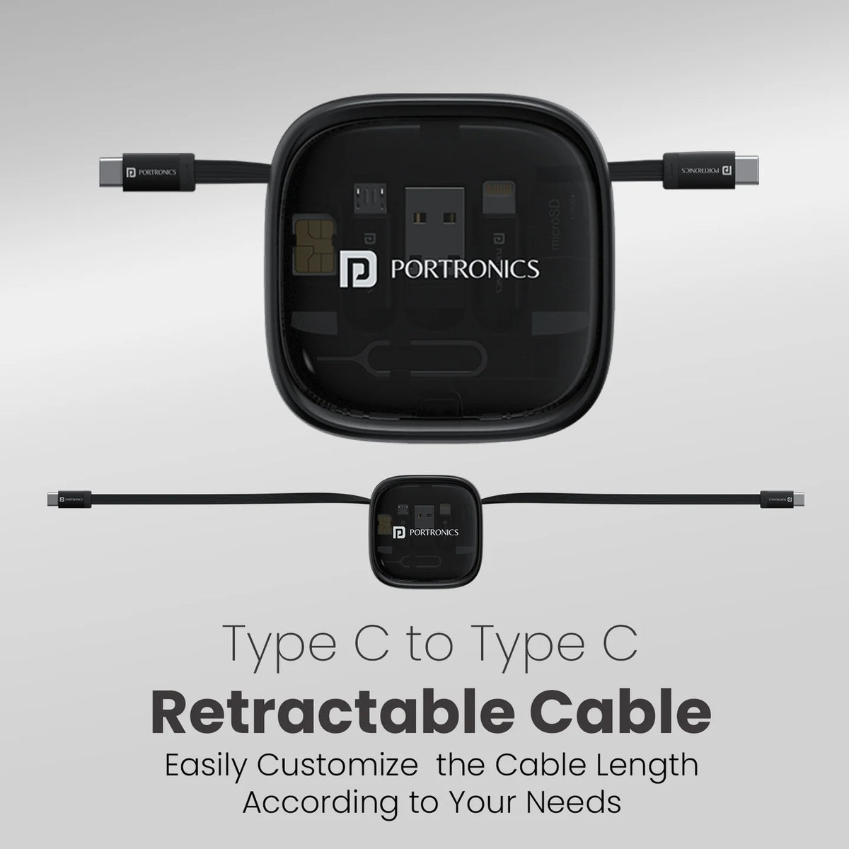 Retractable cable with Portronics branding on a gray background