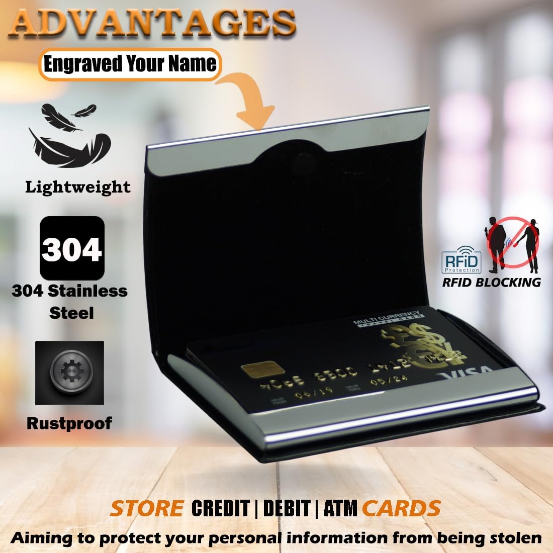 Luxury Black Leather Stainless Steel Business Card Holder Personalized Laser Engraved Brand Name | GrunX