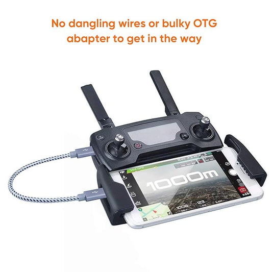 Short Micro USB OTG Cable connecting DJI drone remote controller to smartphone tablet without bulky adapter or dangling wires