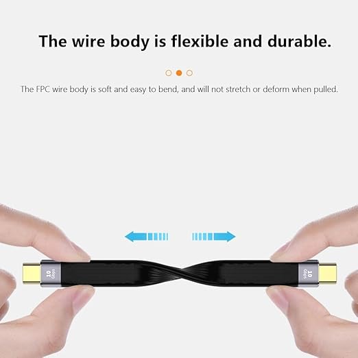 A pair of hands holding a black USB-C to USB-C cable to demonstrate its flexibility and durability, with text above explaining that the FPC wire body is soft and durable.