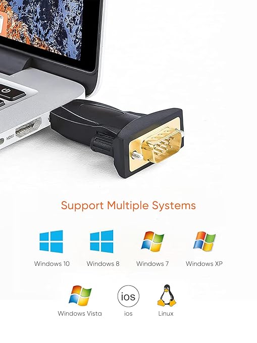 USB to RS232 DB9 serial adapter plugged into laptop supporting multiple operating systems Windows 10 8 7 XP Vista iOS and Linux