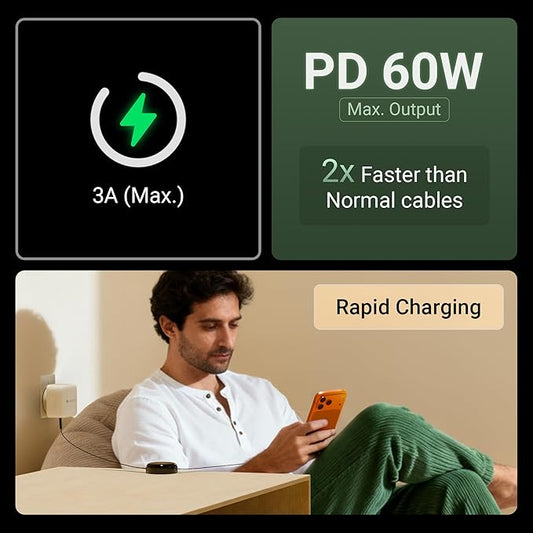 Zebronics retractable Type-C cable PD 60W max output 3A rapid charging 2x faster than normal cables man charging phone