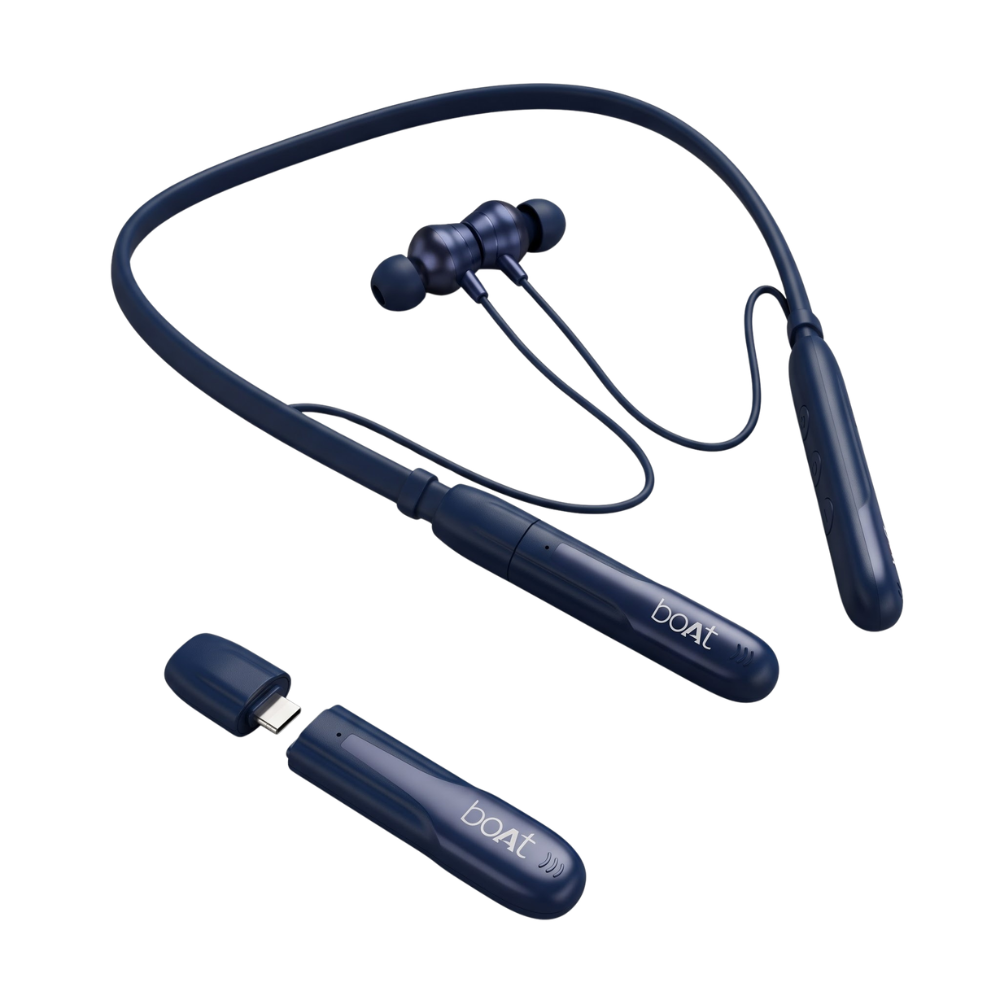 Blue-tooth neckband-style wireless earphones with a separate small dongle shown on a plain white background. The earphones are dark navy blue, and the brand name BOAT is visible on the neckband and dongle.