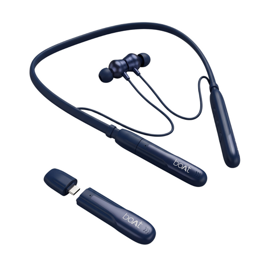 Blue-tooth neckband-style wireless earphones with a separate small dongle shown on a plain white background. The earphones are dark navy blue, and the brand name BOAT is visible on the neckband and dongle.