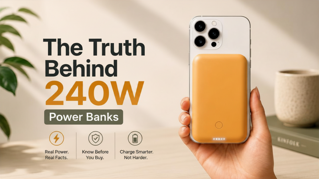 The Truth Behind 240W Power Banks in India – Smartphone with magnetic wireless power bank illustrating real charging output, USB-C fast charging, and power bank buying guide for laptops and mobile devices.