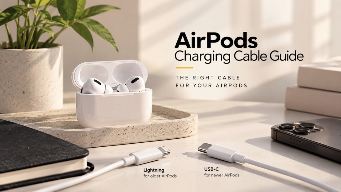 AirPods charging cable guide showing Lightning and USB-C cables for older and newer AirPods models.