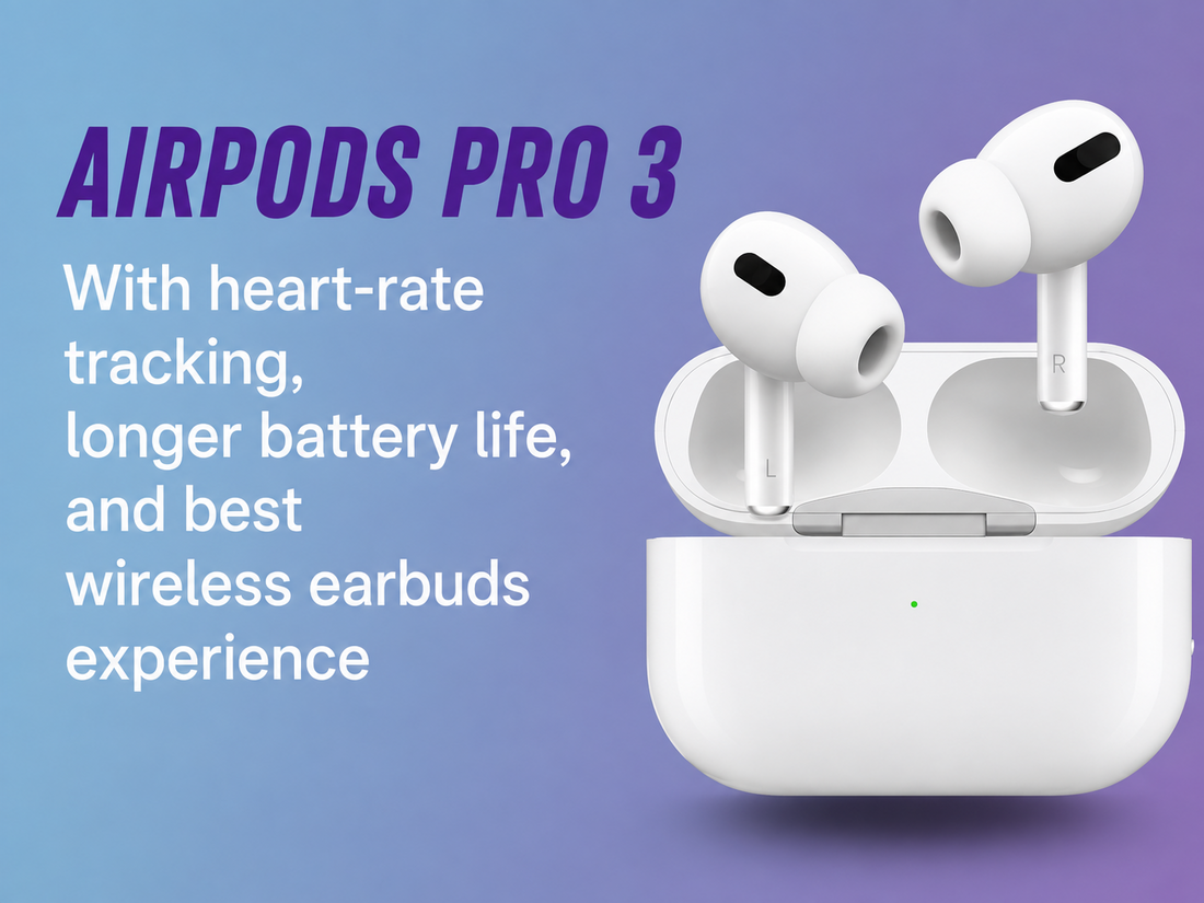 Apple AirPods Pro 3 2025 review banner showing heart-rate sensor, improved ANC, 8-hour battery life and India price starting at ₹29,900 on GrunX