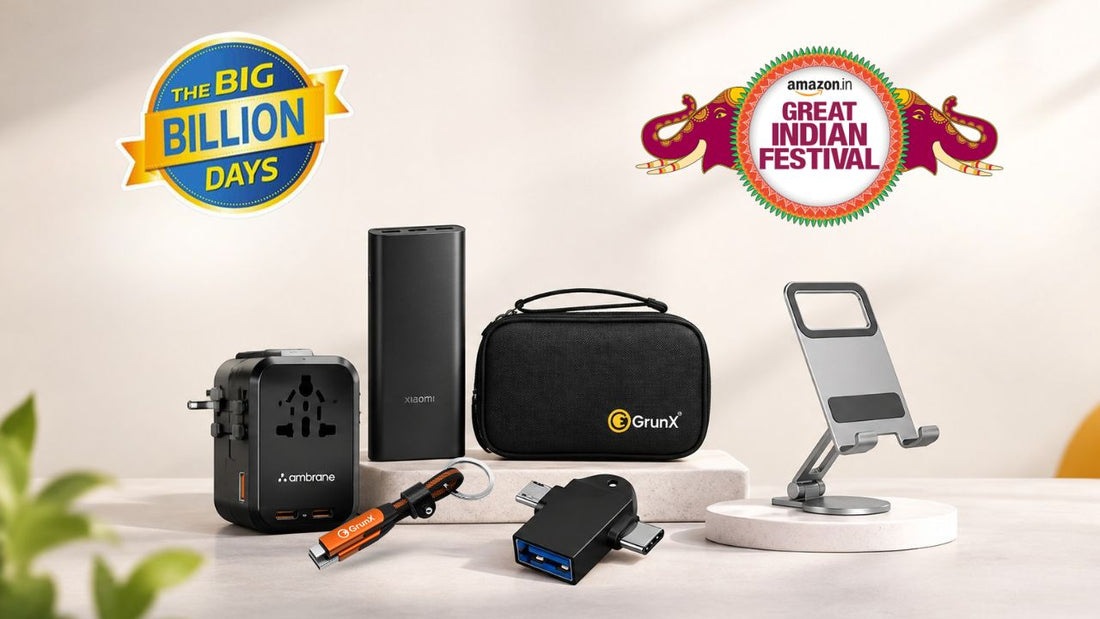 Amazon Great Indian Festival and Flipkart Big Billion Days sale featuring GrunX tech accessories, including a power bank, travel adapter, USB adapter, storage pouch, and adjustable phone stand. 