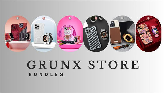 GrunX tech accessory bundles with iPhone case, Apple Watch strap and charging cable arranged in premium gift style packaging