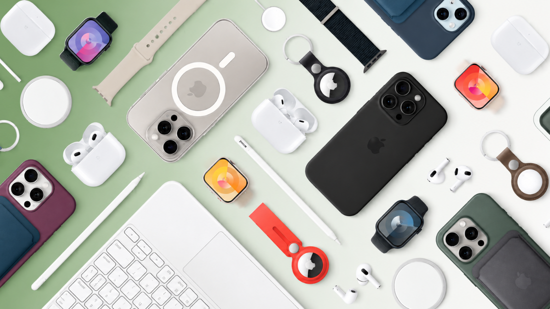 Premium mobile phone accessories flat lay featuring smartphone cases, wireless earbuds, smartwatches, charging pads, stylus pens, and MagSafe accessories arranged on a green-to-white gradient background.