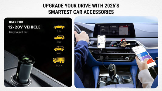 Seven smart car accessories including magnetic phone mount and fast charging cable displayed inside a modern car dashboard