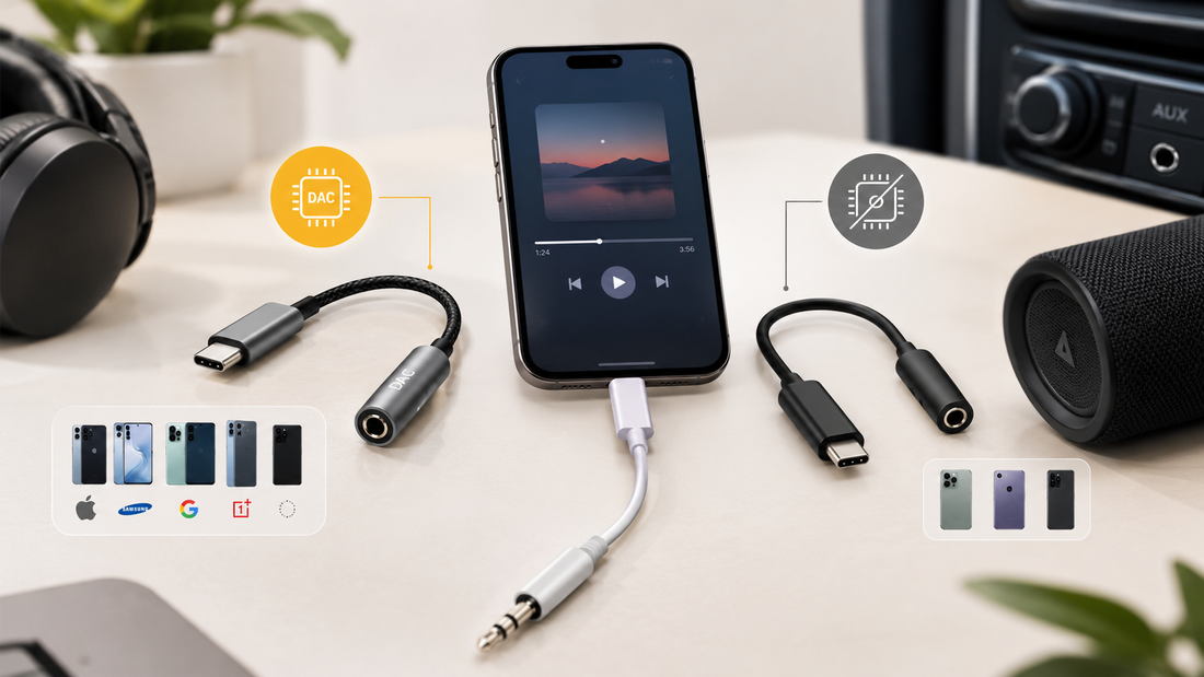 Type-C to aux cable adapters with DAC and non-DAC connectors beside a smartphone playing music, headphones, and a car AUX port, illustrating compatibility differences between USB-C audio adapters.
