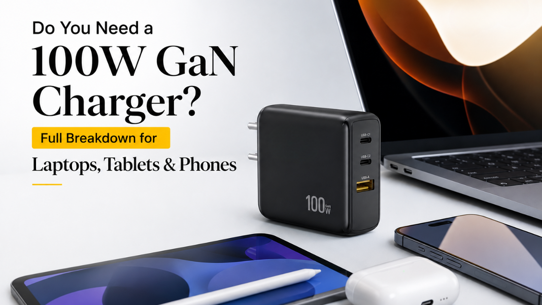 100W GaN charger with dual USB-C and USB-A ports charging laptop, tablet, and phone