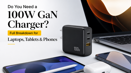 100W GaN charger with dual USB-C and USB-A ports charging laptop, tablet, and phone