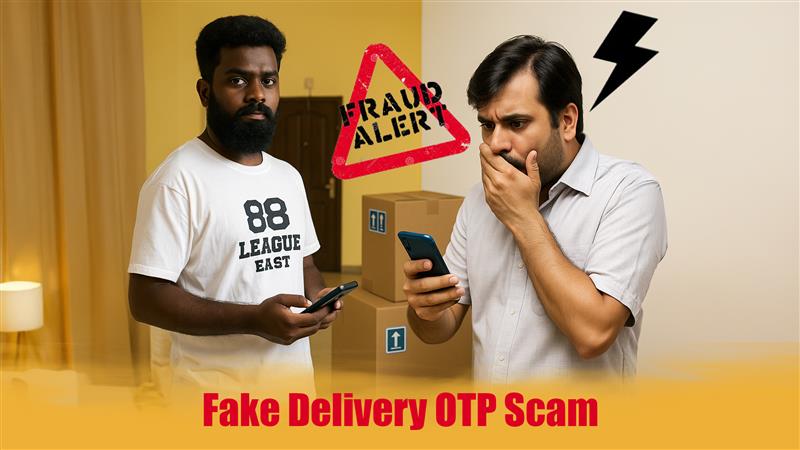 Fake delivery OTP scam concept showing phone message with OTP, fraud alert warning and cybercriminal stealing money through fake courier call
