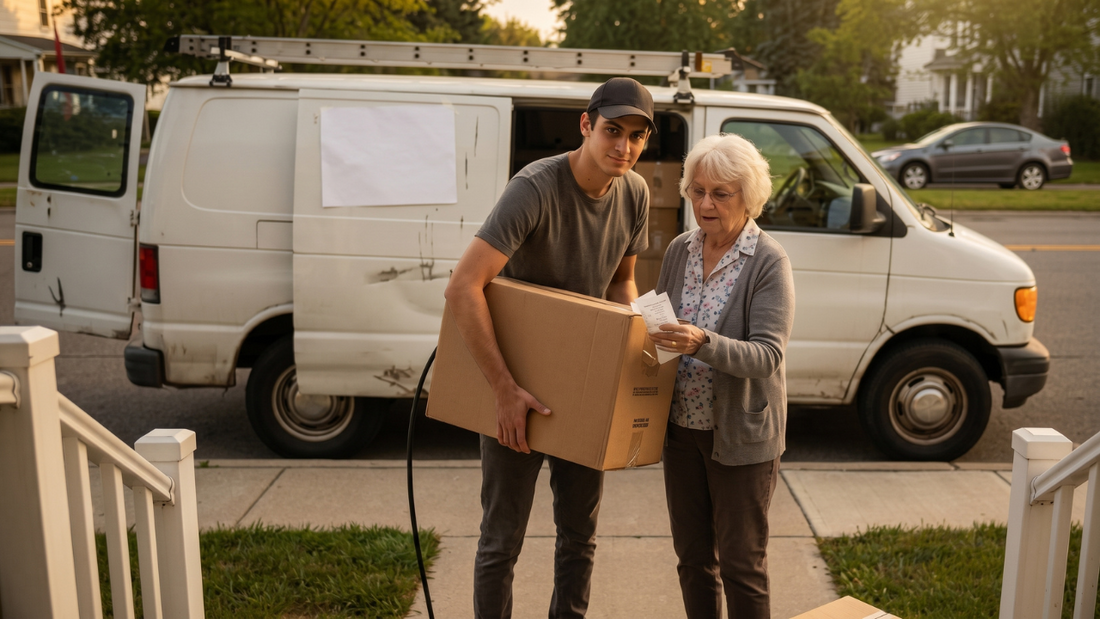 Fake delivery scam example showing courier handing package to elderly woman at home