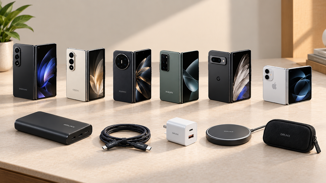 Foldable phone battery comparison featuring Samsung, Oppo, Huawei, Xiaomi, Google Pixel, and iPhone Duo alongside GrunX charging accessories, including a power bank, USB-C fast charging cable, wall adapter.