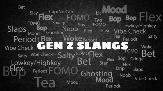 Gen Z slang words illustration with trendy terms like rizz, slay, sus and social media language concepts in modern youth culture