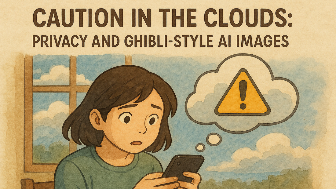 Ghibli style AI image concept showing anime style portrait with data privacy warning, cybersecurity alerts and digital safety risks