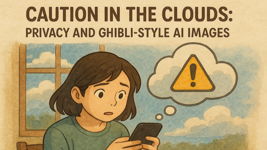 Ghibli style AI image concept showing anime style portrait with data privacy warning, cybersecurity alerts and digital safety risks