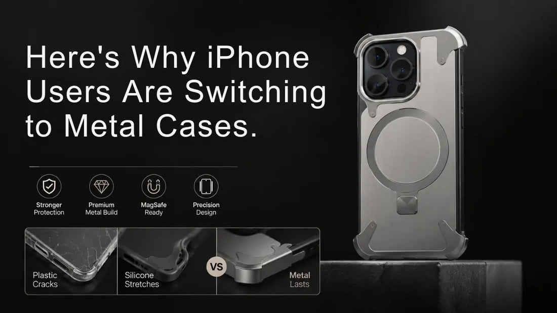 Premium metal MagSafe-compatible iPhone case with reinforced corner protection, durable aluminum frame, and sleek metallic finish highlighting why users are switching from plastic and silicone phone cases.