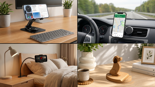 Different types of mobile phone stands for desk, car, bedside, and content creation use featuring adjustable smartphone holders