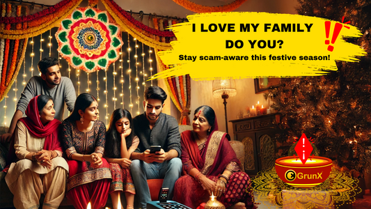 Festive season scam awareness concept showing mobile fraud alerts, online payment scams and family protection during Indian festivals