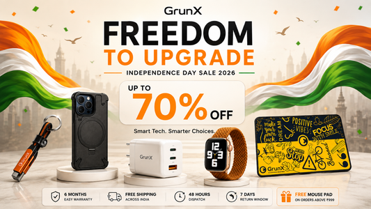 GrunX Independence Day Sale 2026 - up to 70% off phone case, charger, watch strap, and accessories
