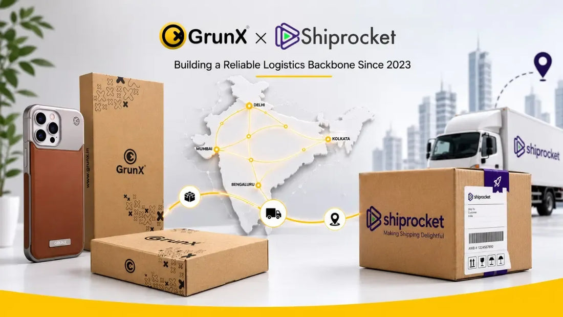 GrunX and Shiprocket logistics partnership showcasing premium mobile accessories packaging, iPhone metal case, nationwide shipping network across India, and reliable ecommerce order fulfillment since 2023.