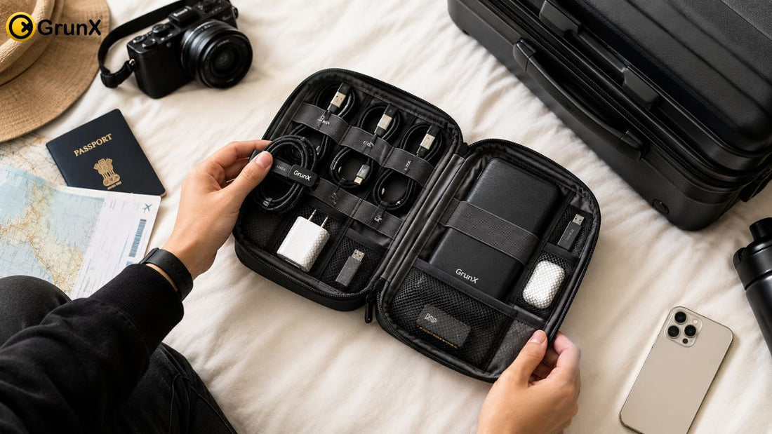 GrunX travel tech organizer pouch with neatly packed cables, chargers, power bank and travel accessories