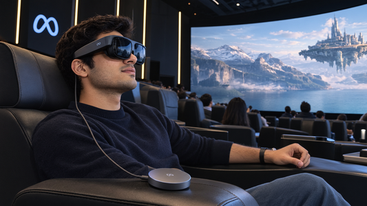 Young man wearing Meta VR glasses in an immersive IMAX-style theater, showcasing the lightweight 100g VR eyewear and separate tethered computing puck.