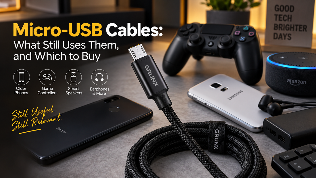 Micro-USB charging cable guide showing a braided GrunX cable with older smartphones, PS4 controller, smart speaker, earphones, and other Micro-USB devices