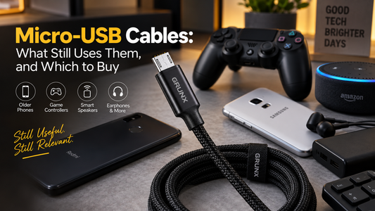 Micro-USB charging cable guide showing a braided GrunX cable with older smartphones, PS4 controller, smart speaker, earphones, and other Micro-USB devices