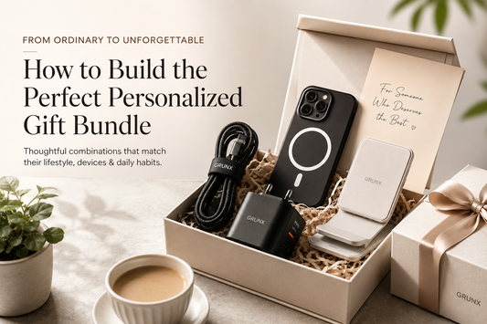 Personalized GrunX tech gift bundle with charging cable, phone case, wireless charger and GaN charger arranged in a gift box, ideal for festive and occasion-based gifting in India