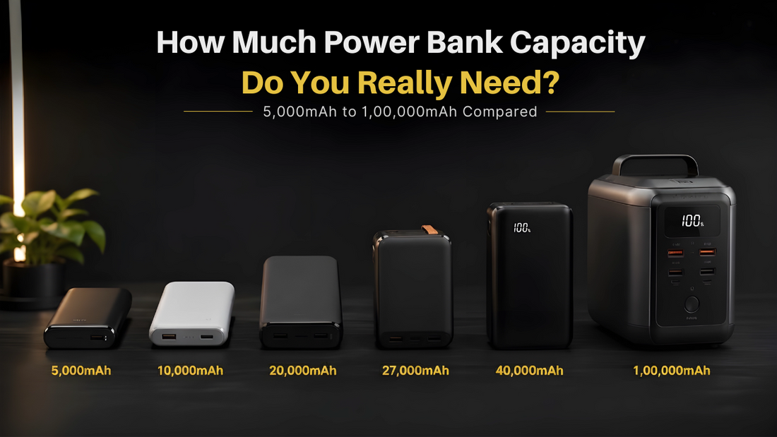 Power bank capacity comparison from 5,000mAh to 100,000mAh showing different portable charger sizes for smartphones, tablets and laptops.