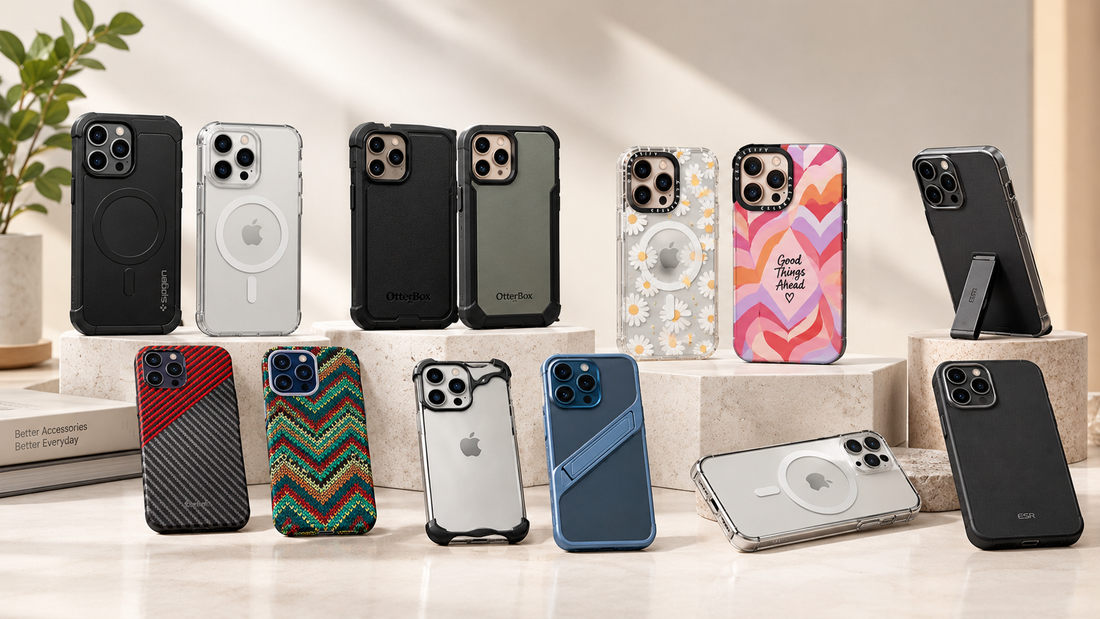 Premium mobile covers for iPhone and Samsung, featuring Spigen, OtterBox, CASETiFY, ESR, and GrunX cases in rugged, clear, carbon fiber, and patterned designs.